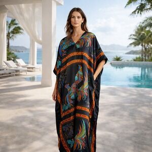 Winlar Phoenix Print Kaftan Maxi Dress Black Satin V-Neck Lounger One Size OSFM